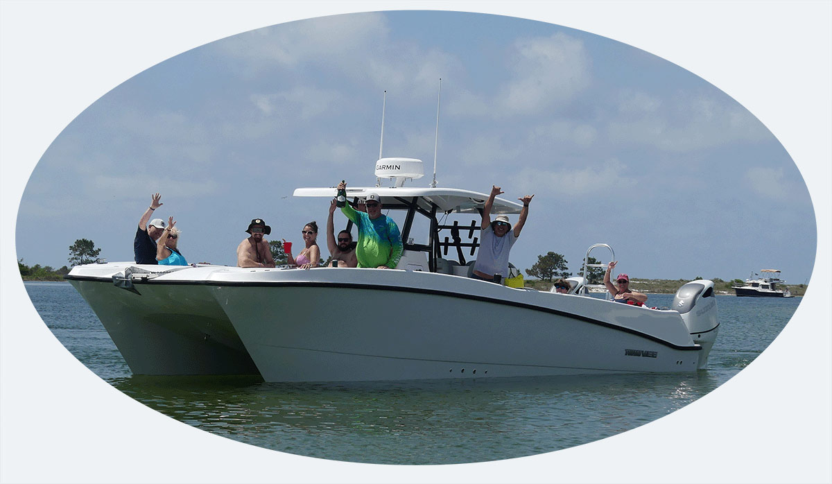 Private charter guests celebrating on Zama I in Gulf Shores